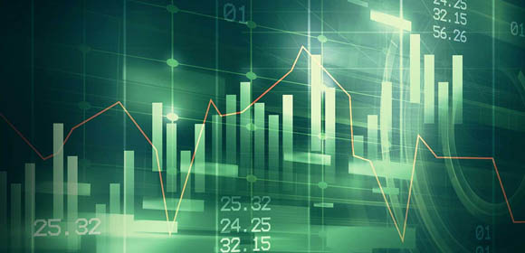 Gráfico de ações com fundo verde, mostrando tendências de mercado e variações de preços em um formato visual claro.