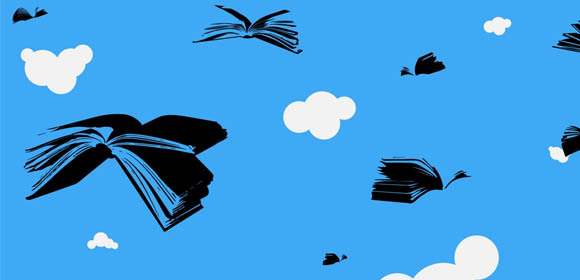 Imagem ilustrativa de céu azul com livros como se fossem pássaros voando